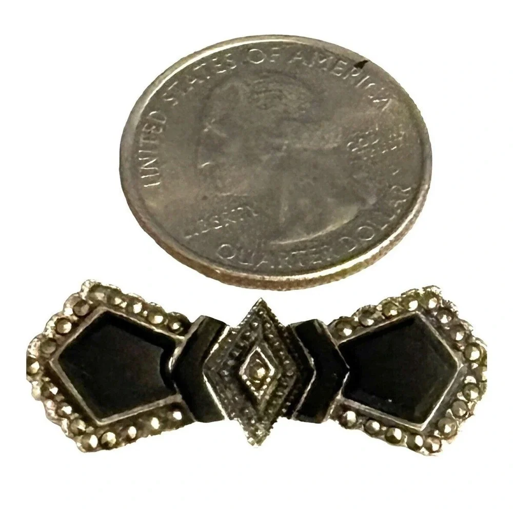 925 Sterling Silver Marcasite Black Onyx Bow Bar Brooch Pin Vintage 1”